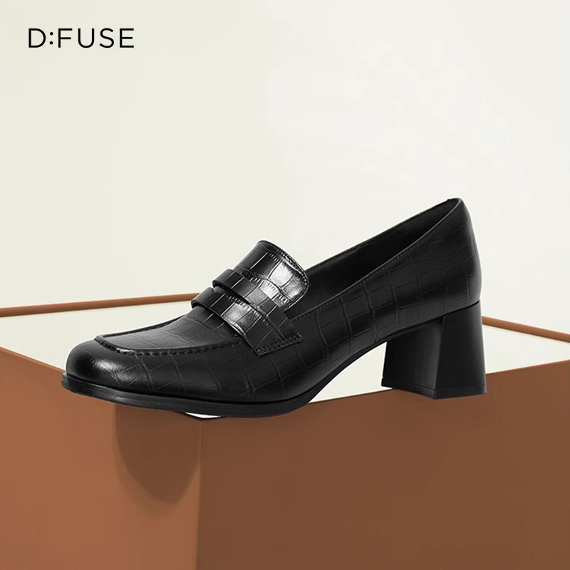 D：Fuse/迪芙斯新款春秋季方头牛皮一脚蹬粗高跟单鞋女DF33112211,女鞋,乐福鞋（豆豆鞋）,淘宝优惠券,粉丝福利购,淘宝优惠卷