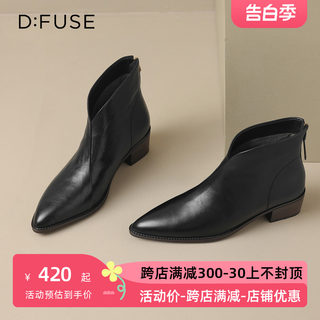 D：Fuse/迪芙斯冬季新款牛皮尖头粗跟保暖加绒短靴女DF3411838F