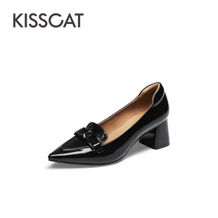 KISS CAT/接吻猫春秋牛皮尖头浅口粗高跟通勤单鞋女KA54507-11