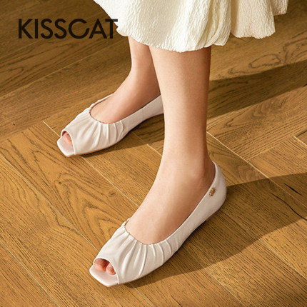 KISS CAT/接吻猫春夏羊皮褶皱鱼嘴凉鞋低跟浅口单鞋女KA54169-11