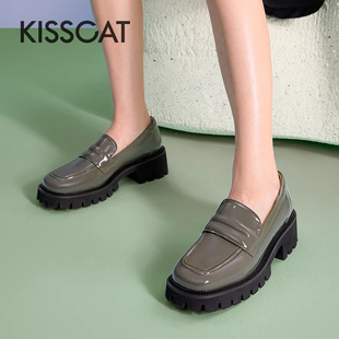 KISS CAT/接吻猫春秋牛皮乐福鞋一脚蹬厚底增高单鞋女KA43132-53