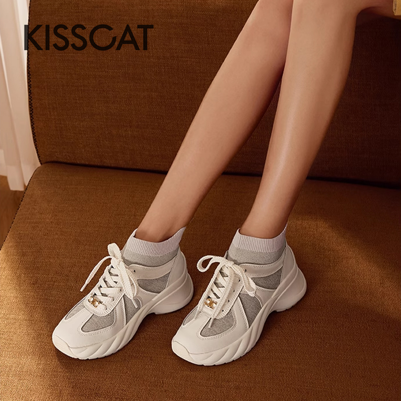 接吻猫时尚拼接厚底休闲运动鞋女