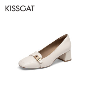 一脚蹬粗跟单鞋 KISS CAT 接吻猫春秋羊皮方头乐福鞋 女KA54510