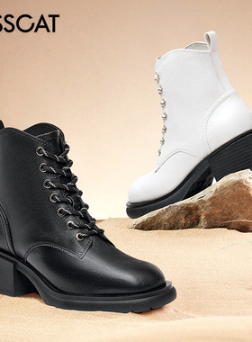 KISS CAT/接吻猫秋冬牛皮马丁靴前系带粗高跟短靴女KA32748-52