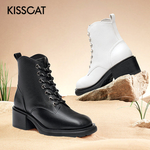 KISS CAT/接吻猫秋冬牛皮马丁靴前系带粗高跟短靴女KA32748-52