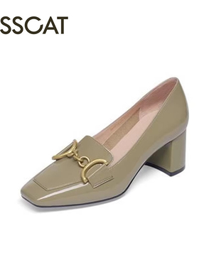 KISS CAT/接吻猫春秋牛漆皮高跟乐福鞋方头粗跟单鞋女KA43112-10