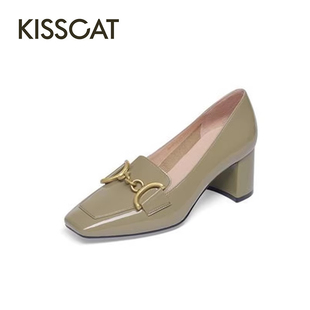 KISS CAT/接吻猫春秋牛漆皮高跟乐福鞋方头粗跟单鞋女KA43112-10