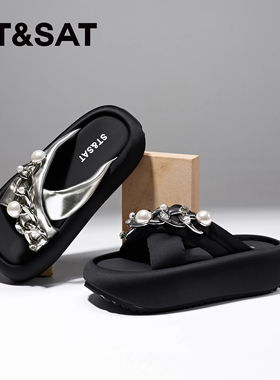 St&Sat/星期六夏季珍珠金属厚底外穿一字沙滩凉拖鞋女SSC2110C5G