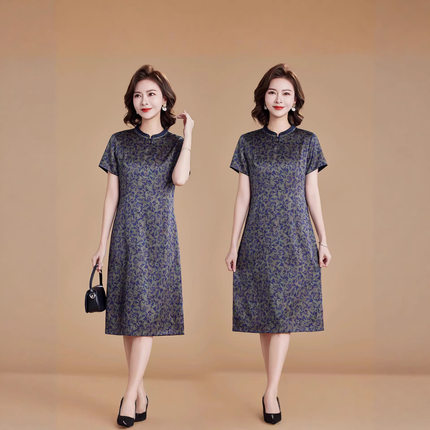 专柜真丝桑蚕丝改良旗袍2026新款夏 蓝绿碎花中式显瘦妈妈a连衣裙