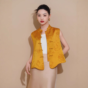 新中式旗袍马甲外搭品牌醋酸缎外穿坎肩唐装女高端中国风马夹