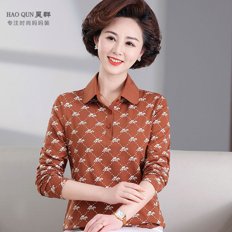 昊群春秋装新款妈妈上衣印花翻领长袖T恤中老年女式纯棉polo衫