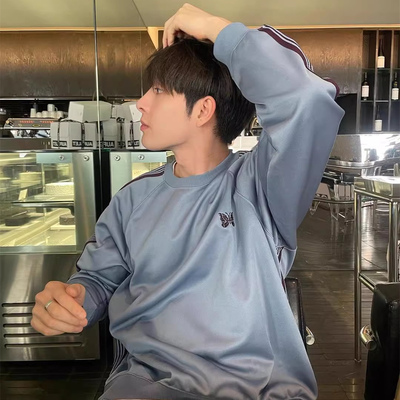 Needles蝴蝶刺绣条纹织带天蓝日系小众百搭男女宽松圆领套头卫衣