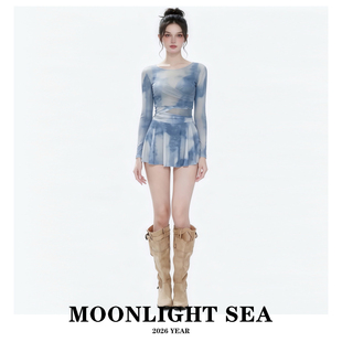 MOONLIGHTSEA新款晕染蓝长袖防晒度假温泉保守显瘦遮肚连体泳衣女