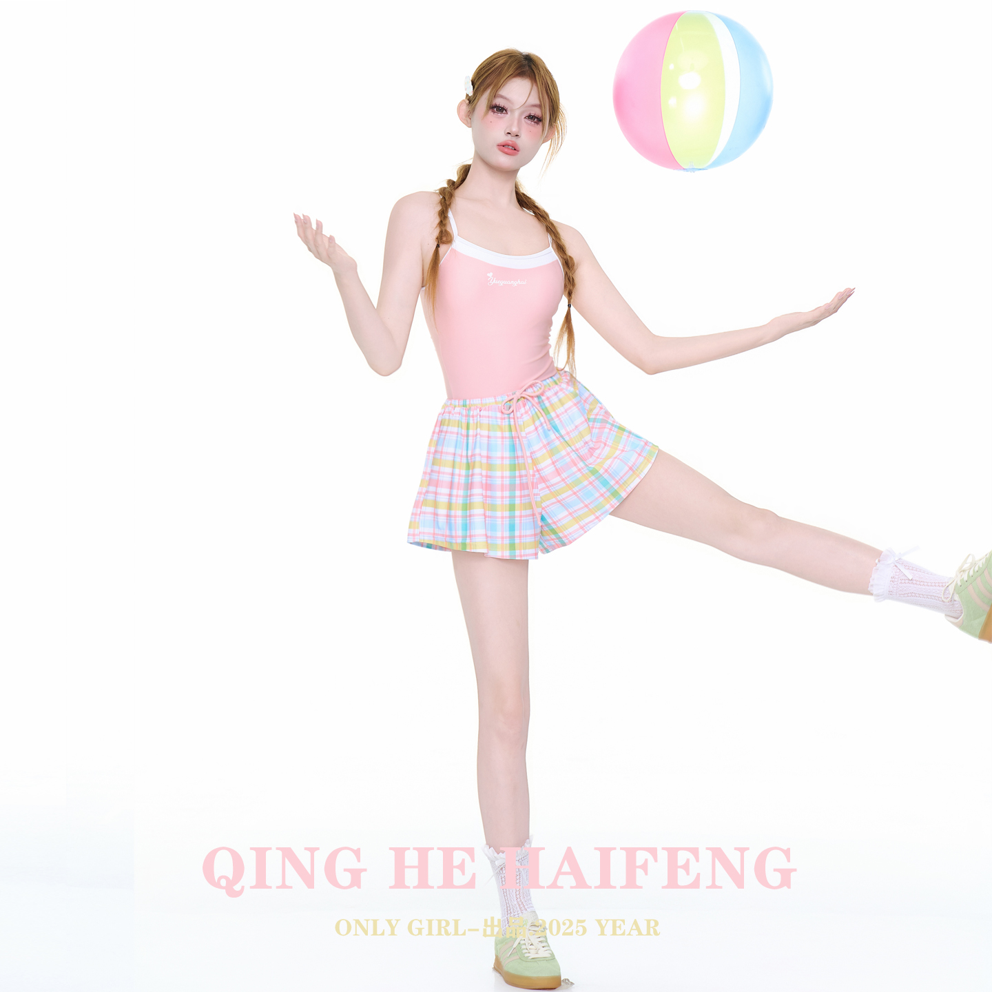 ONLY GIRL泳衣女新款连体显瘦保守平角裤粉色运动学生少女小胸