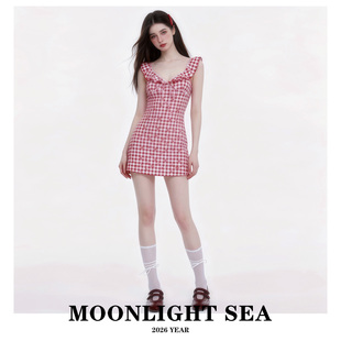 MOONLIGHTSEA新款甜美少女风荷叶边格纹裙式修身显瘦连体游泳衣女