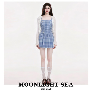 MOONLIGHTSEA泳衣女连体裙式蓝白格保守遮肚显瘦长袖防晒泳装温泉
