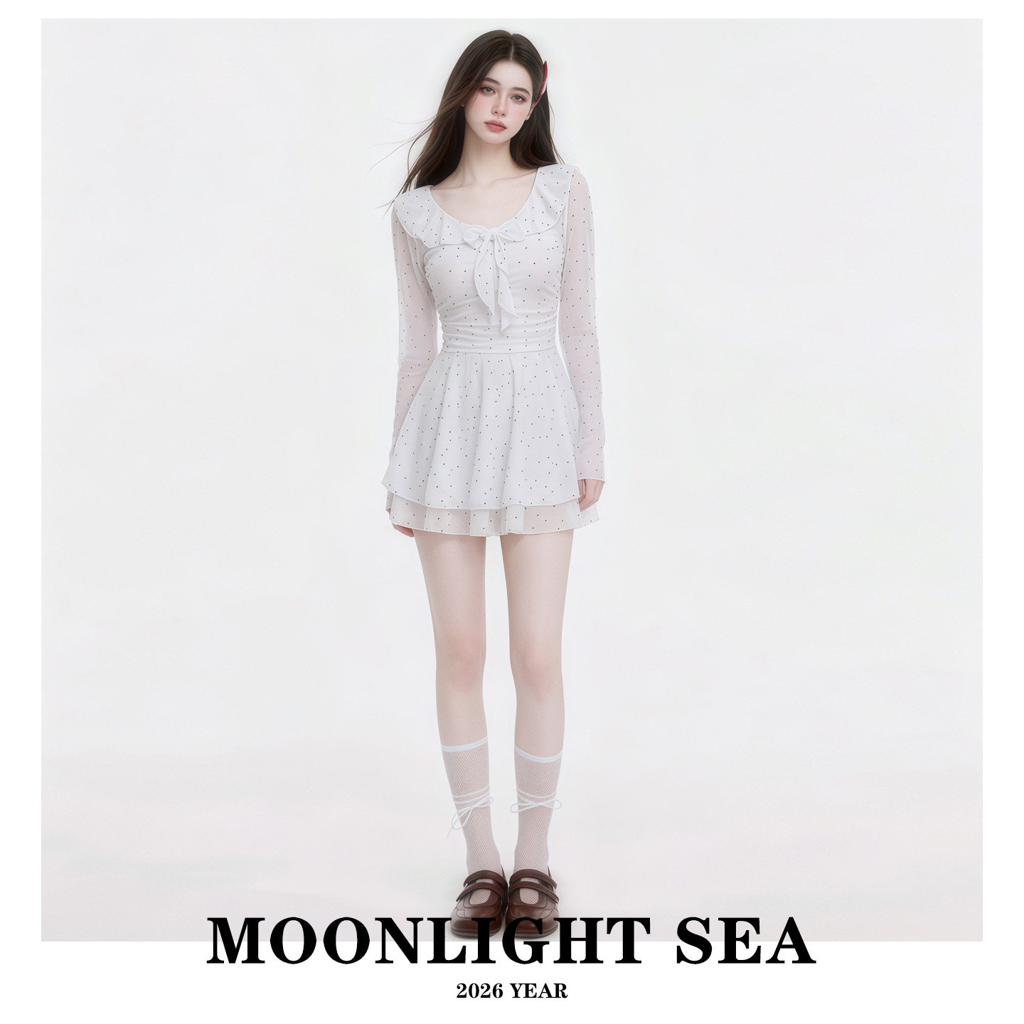 MOONLIGHT SEA泳衣女新款波点裙式遮肚防晒长袖连体游泳衣女温泉