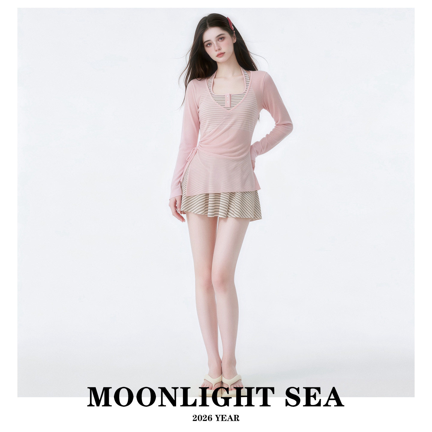 MOONLIGHTSEA泳衣女分体长袖粉色设计感条纹修身显瘦保守防晒泳装
