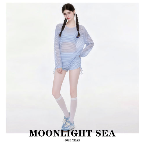 MOONLIGHTSEA泳衣女新款长袖罩衫慵懒风条纹分体显瘦遮肚保守防晒