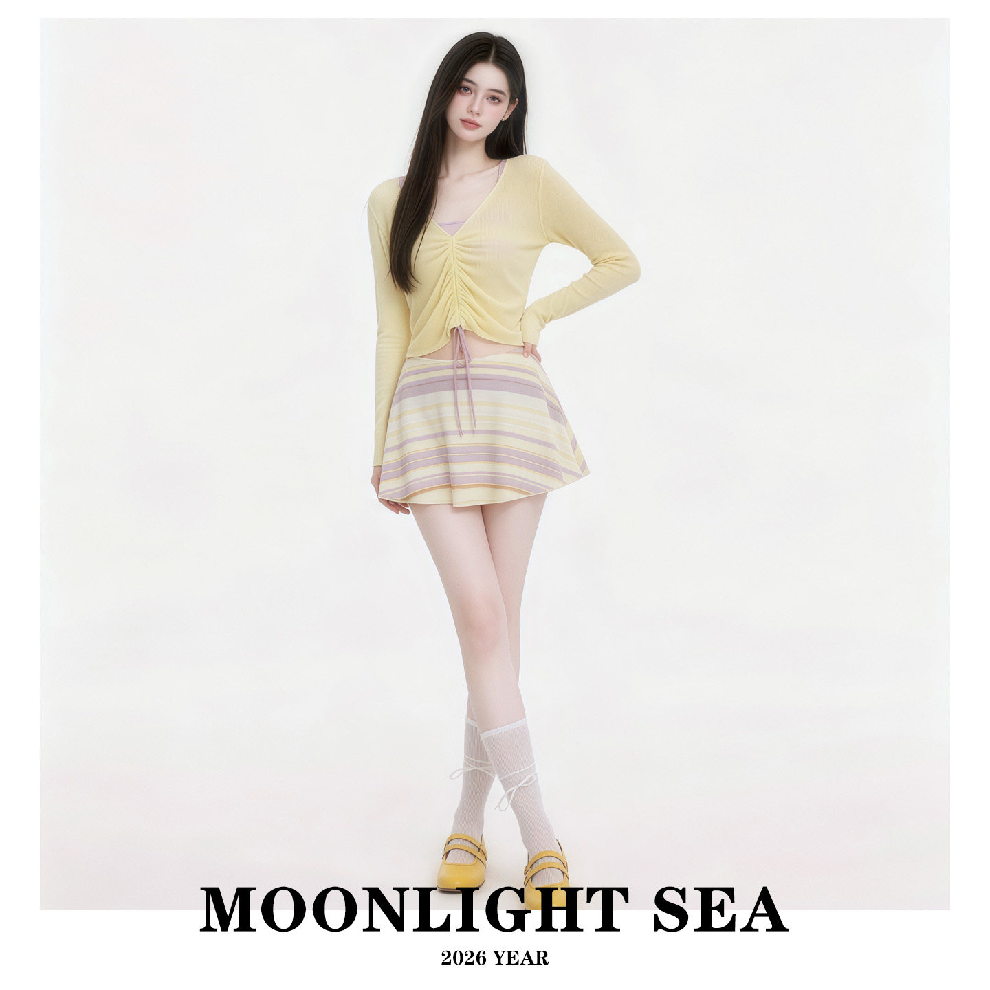 MOONLIGHT SEA新款鹅黄色长袖防晒遮肚显瘦裙式保守分体游泳衣女 - 实物图