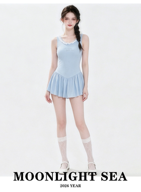 ONLY GIRL泳衣女新款蓝色连体裙式保守遮肚显瘦可爱学生少女小胸