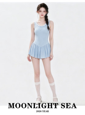 ONLY GIRL泳衣女新款蓝色连体裙式保守遮肚显瘦可爱学生少女小胸