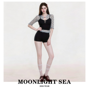 MOONLIGHTSEA波点网纱长袖黑色吊带遮肚显瘦平角裤保守分体游泳衣