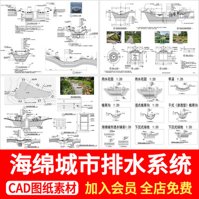 海绵城市雨水花园地面排水系统生态植草沟节点大样详图CAD施工图