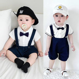 周岁礼服男宝抓周生日宴小少爷夏天衣服男童背带裤套装婴幼儿西装