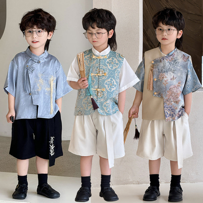2025新款男童唐装国风马甲套装夏季新中式儿童汉服宝宝周岁礼服潮