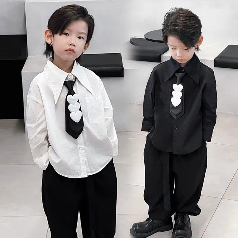 炸街痞帅男童衬衫套装时髦儿童衬衣2025春学院风男孩生日个性衣服