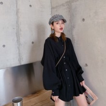 连衣裙早秋长袖 港味秋装 收腰显瘦气质裙子 2019新款 雪纺黑色中长款