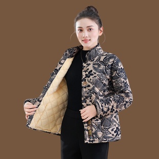 冬季新款复古盘扣加绒加厚棉衣外套女士民族风短款花色保暖小棉袄