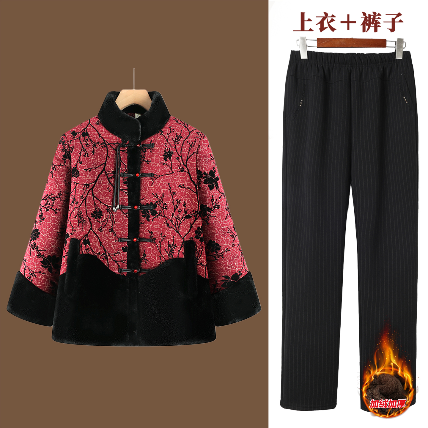 奶奶冬装皮毛一体外套女老太太唐装加绒加厚妈妈仿皮草大衣阔太太