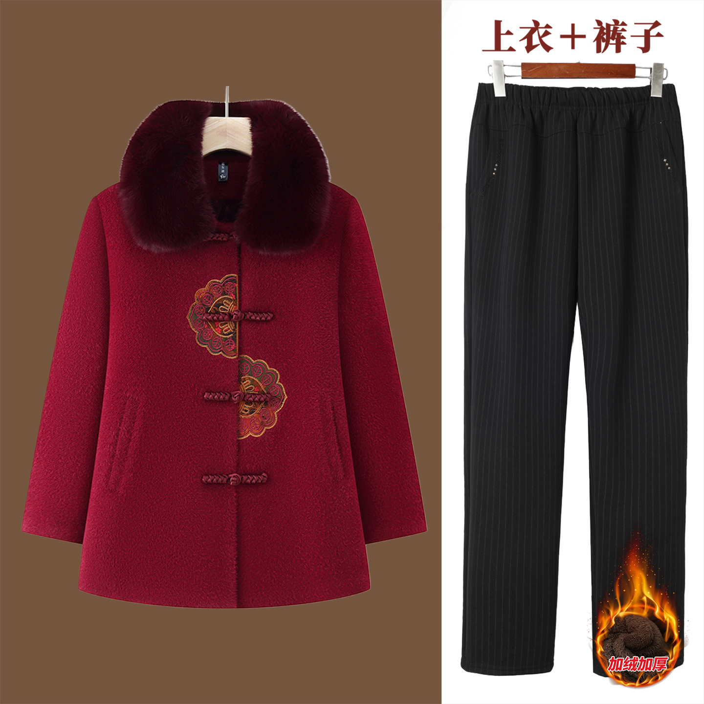 老年人冬装女水貂绒大衣奶奶加绒加厚上衣妈妈中长款保暖毛领外套