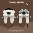 可爱卡通史努比飞行员眼镜帽子男女冬护耳雷锋帽骑行加绒保暖防风