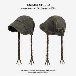 暗黑废土复古风包头帽子男女生街头美式 冷帽显脸小 辫子帽时尚
