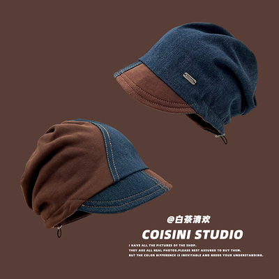 日系复古牛仔拼接小檐抽绳堆堆帽