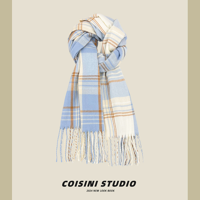 日系小清新浅蓝色格子仿羊绒围巾