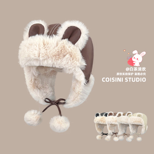 美式加绒pu皮飞行员帽子女冬季保暖可爱兔耳护耳雷锋帽滑雪汽车潮