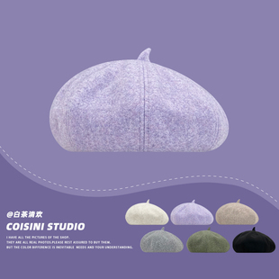 韩版 纯色甜美简约毛呢贝雷帽子女秋冬复古百搭画家帽文艺显脸小潮