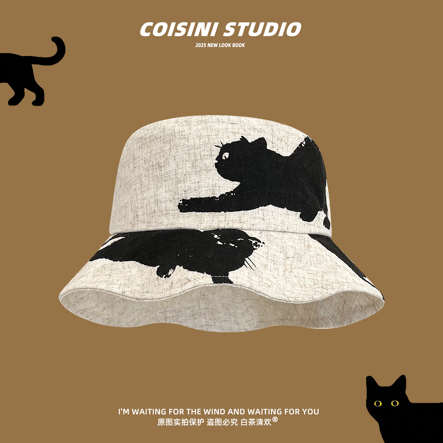 日系可爱猫咪印花渔夫帽