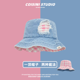 小众设计师款 重工破洞双面牛仔渔夫帽女生宽檐显脸小遮阳防晒帽子