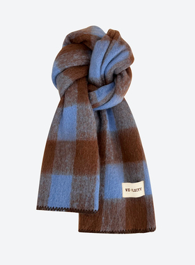 2025新款锁边蓝棕格纹锁边马海毛围巾女秋冬保暖百搭情侣加厚围脖