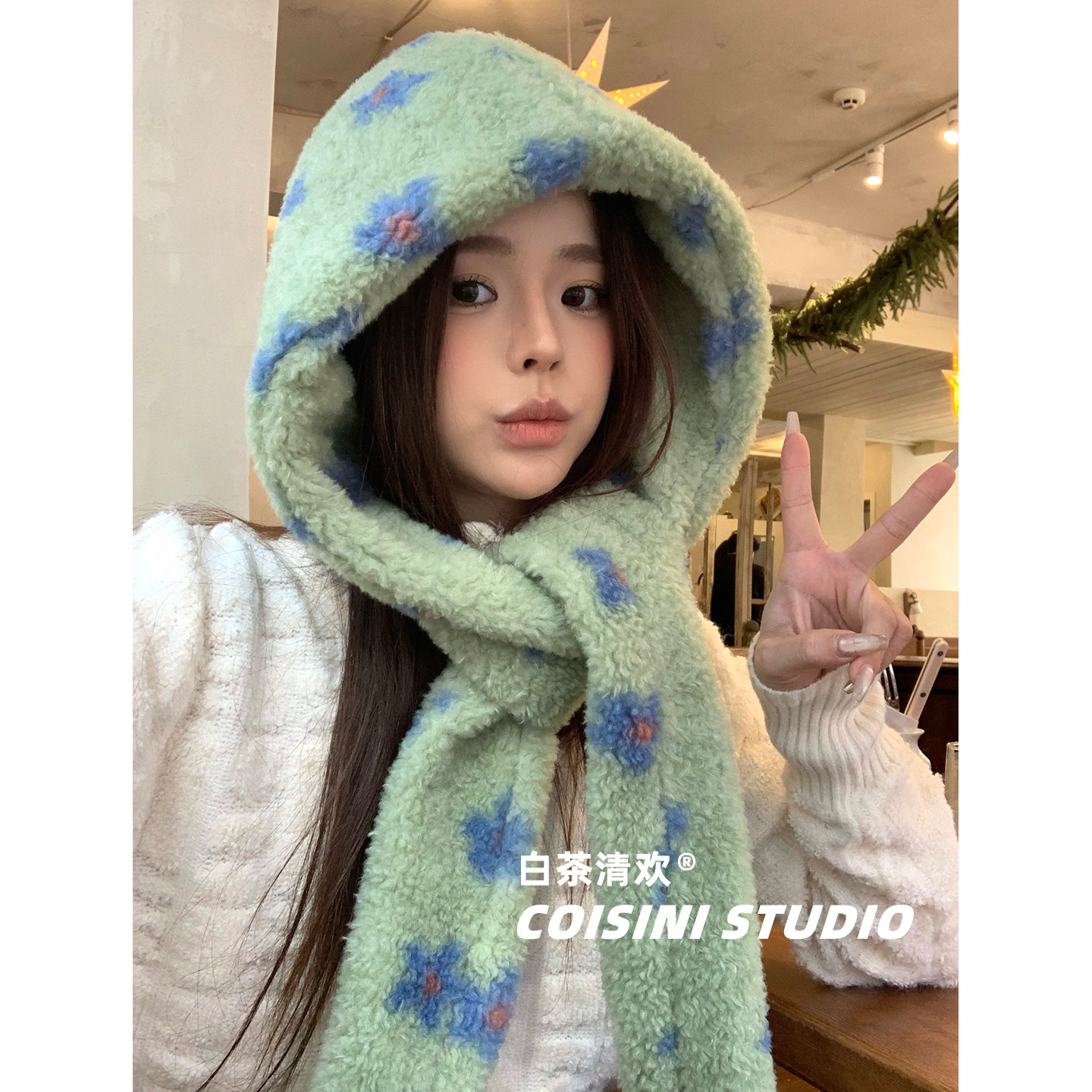 绿色花朵帽子围巾一体小众套头帽子女生冬季设计款显脸小连帽百搭,服饰配件/皮带/帽子/围巾,帽子,淘宝优惠券,粉丝福利购,淘宝优惠卷