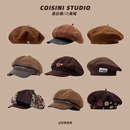 美拉德 日系复古棕色纽扣灯芯绒皮檐八角帽子女秋冬毛呢贝雷帽潮