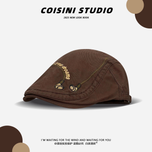 日系复古文艺刺绣字母前进帽女春夏街头辣妹贝雷帽日韩百搭鸭舌帽