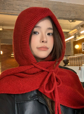 韩版红色巴拉克拉法帽子女秋冬季保暖毛线帽子围巾一体连帽针织帽