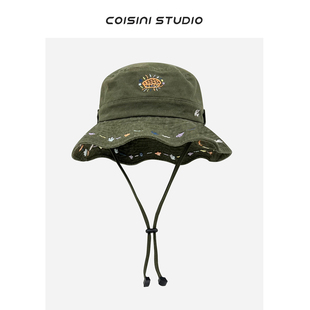 2026新款 休闲遮阳防晒登山帽 复古军绿色重工刺绣渔夫帽子女春夏季