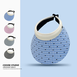 甜美小清新爱心格纹空顶帽子女春夏大檐遮阳防晒出游骑车太阳帽潮